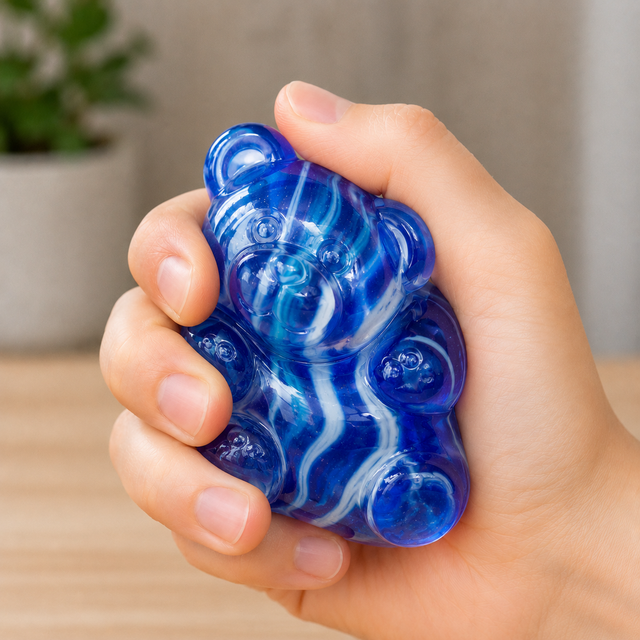 Marble gummy bear squishy fidget toy being squeezed in hand for stress relief, anxiety reduction and sensory play