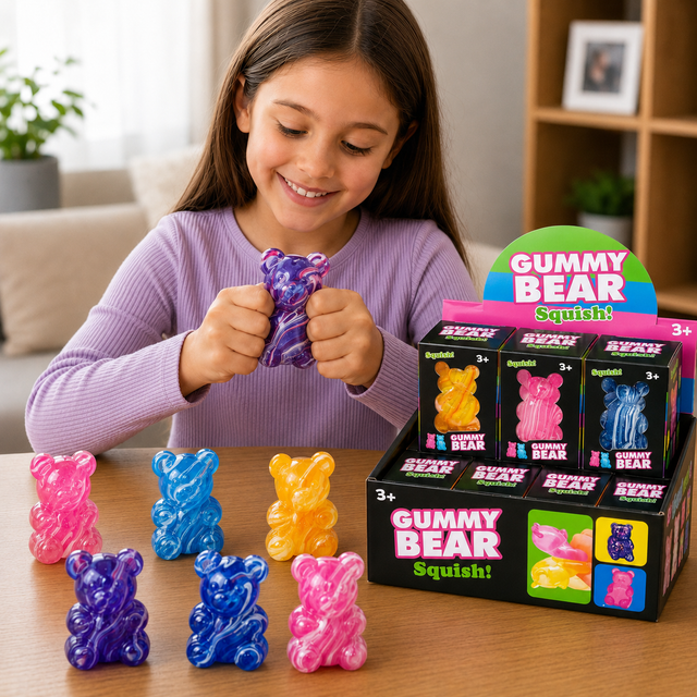 Marble swirl gummy bear sensory fidget toy with soft squishy texture in assorted colours