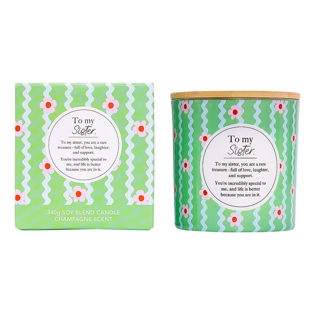 Meaningful sister gift candle with champagne-inspired fragrance and dual wicks