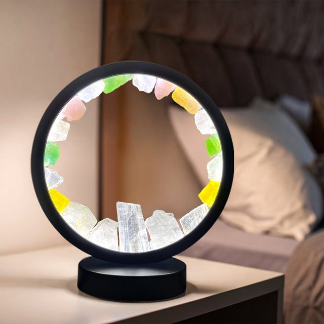 Mixed mineral crystal LED lamp with contemporary black circular frame