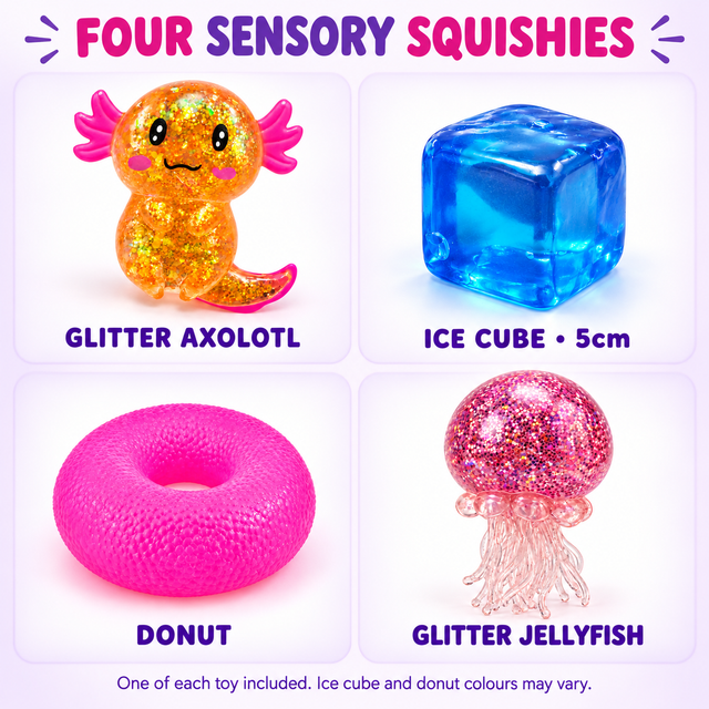 Mixed Sensory Squishy Set contents: one glitter axolotl, one ice cube, one donut and one glitter jellyfish; ice cube and donut colours may vary