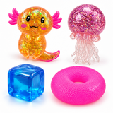 Mixed Sensory Squishy Set with glitter axolotl, blue ice cube, pink donut and glitter jellyfish; assorted colours may vary