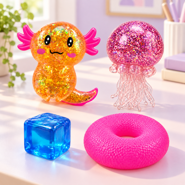 Four sensory squishy toys on a tabletop: glitter axolotl, ice cube, donut and glitter jellyfish