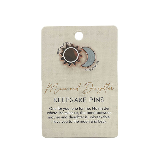 Splosh Forever Connected Mum and Daughter keepsake pins displayed on backing card.
