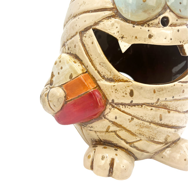 Mummy grin tealight holder halloween home decor spooky candle detail