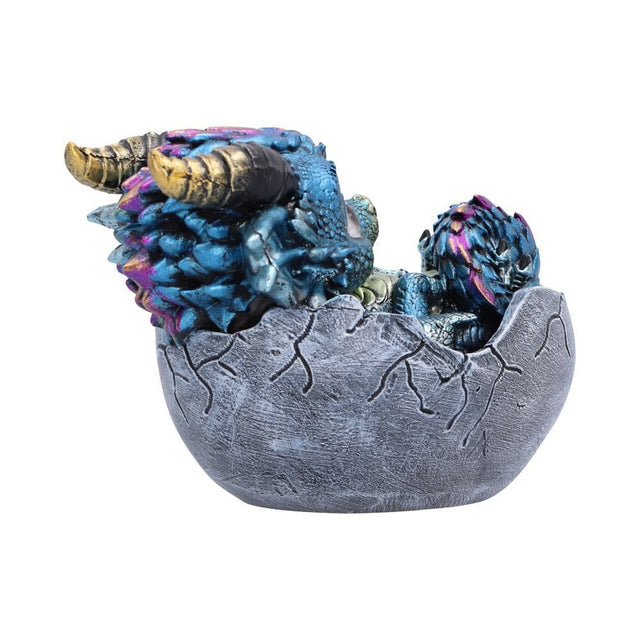Nemesis Now Dragon Cradle Blue Dragon Egg Figurine — rear view of the blue dragon and egg