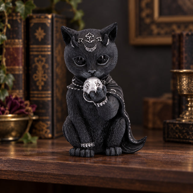 Nemesis Now Cult Cuties Feligor Cat Figurine — 10.2cm displayed in a dark gothic setting