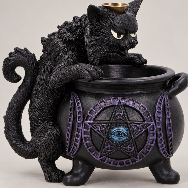 Close-up of Spite’s Cauldron incense burner showing the black cat’s face and purple cauldron decoration