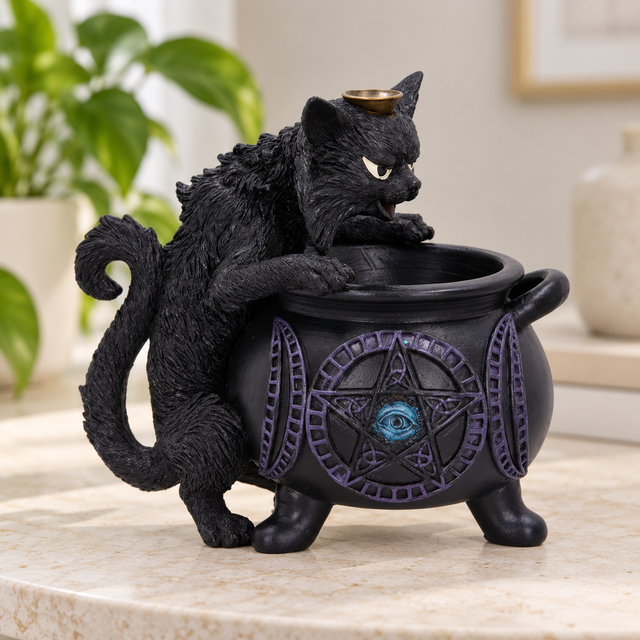 Nemesis Now Spite’s Cauldron black cat incense burner displayed on a pale stone table in a home setting