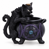 Nemesis Now Spite’s Cauldron black cat backflow incense burner with purple cauldron detailing on a white background