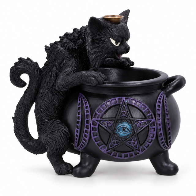 Nemesis Now Spite’s Cauldron black cat backflow incense burner with purple cauldron detailing on a white background
