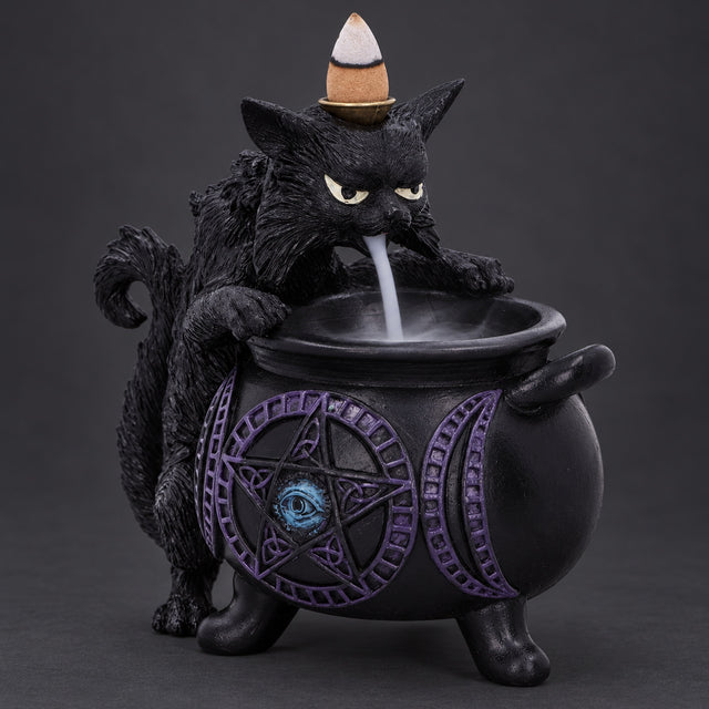 Spite’s Cauldron backflow incense burner showing smoke flowing from the black cat’s mouth into the cauldron