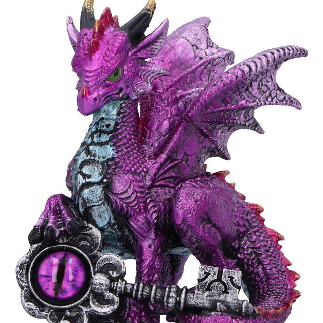 Nemesis Now Keeper of the Key Purple Dragon Figurine — close-up of the silver key and purple eye