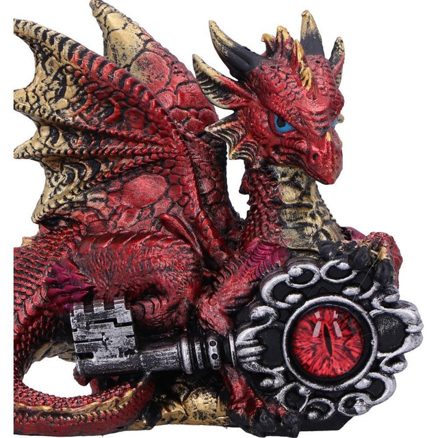 Nemesis Now Keeper of the Key Red Dragon Figurine — close-up of the key and red glass eye