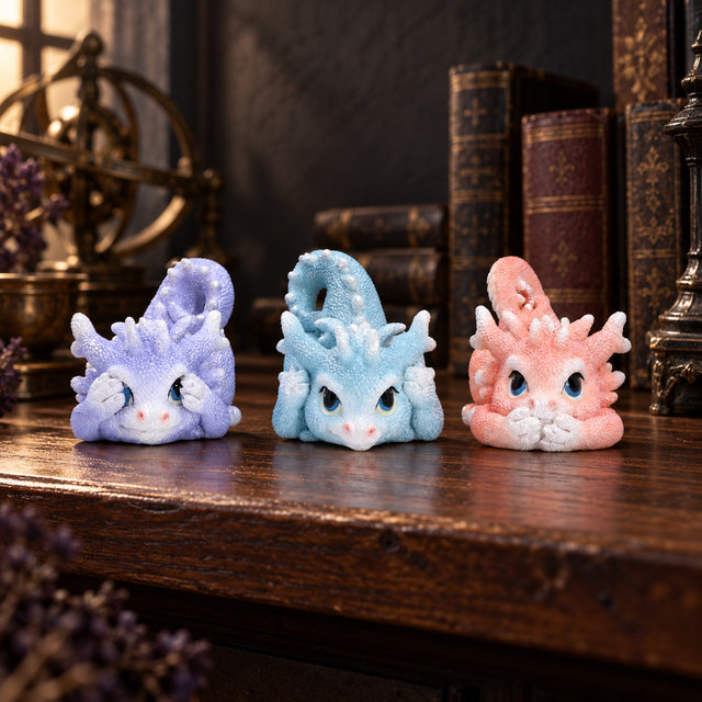 Nemesis Now Three Wise Coralscale Dragonlings Set — 5.8cm displayed in a dark gothic setting