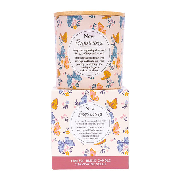 New beginnings scented candle gift with colourful butterflies and wooden-style lid