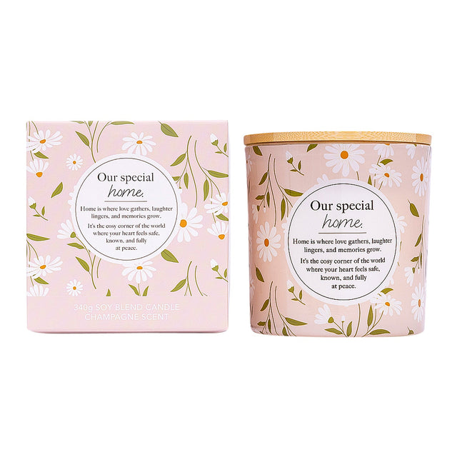 Scented candle gift for a new home with soft floral design