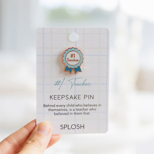 #1 Teacher keepsake pin gift being held from the Splosh Teacher Gifts range.