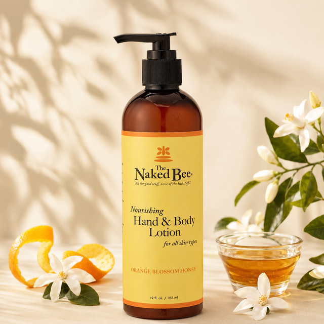 Orange blossom body lotion with orange peel, white blossoms and honey