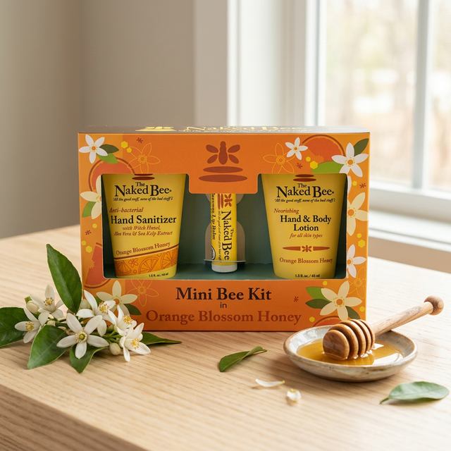 Orange blossom honey skincare travel set with lotion lip balm and sanitiser