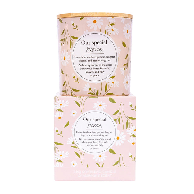 Our Special Home scented candle with daisy pattern and heartfelt message