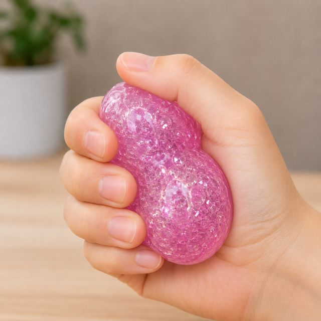 Peanut gel fidget toy being squeezed in hand for stress relief, anxiety reduction and sensory play