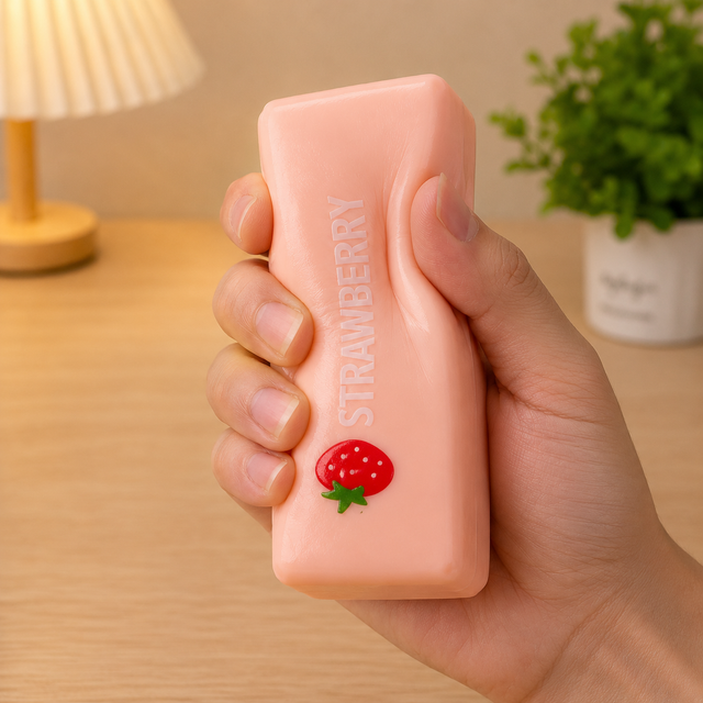 Pink Strawberry Milk Bar slow-rise squishy toy for sensory play and fidgeting