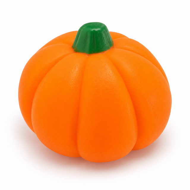 Plain orange pumpkin squishy toy with green stem from a second angle