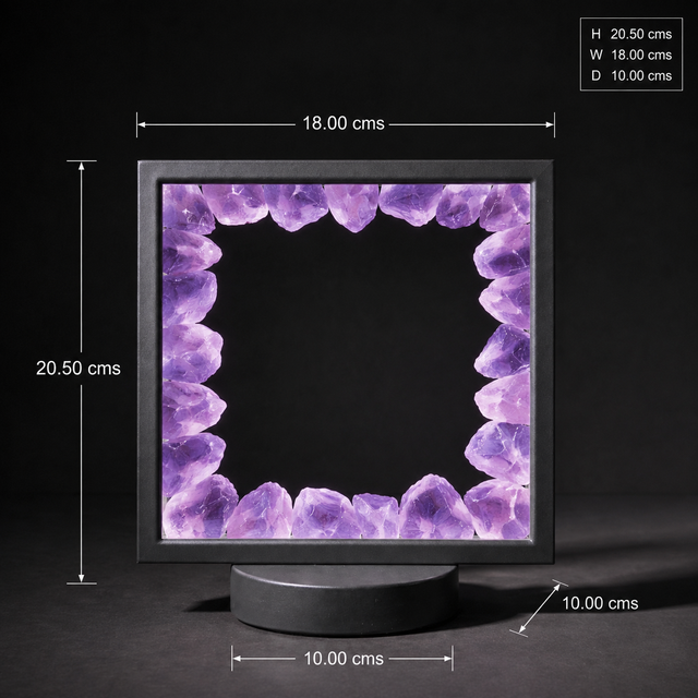 Purple Fluorite LED crystal lamp illuminated within a contemporary grey square frame