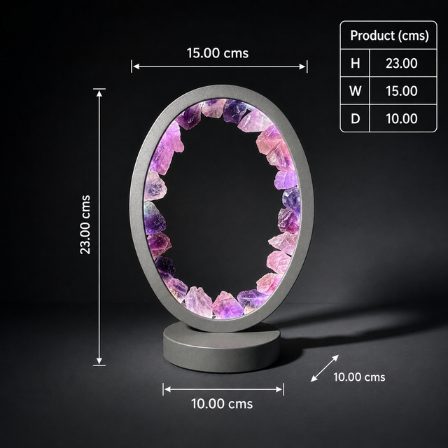 Purple Fluorite LED crystal lamp illuminated inside a contemporary grey oval frame