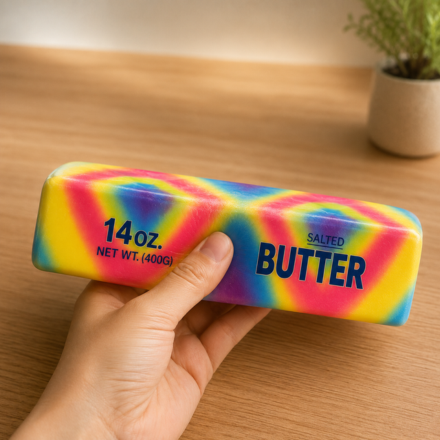 Rainbow slow-rising butter squishy toy shaped like a realistic butter block