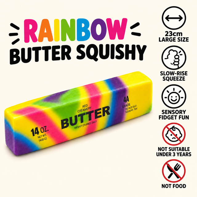 Rainbow butter squishy toy 23cm features and safety information