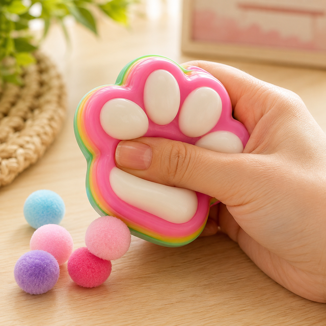 Rainbow Cat Paw sensory squishy toy with colourful attached pom pom bobbles