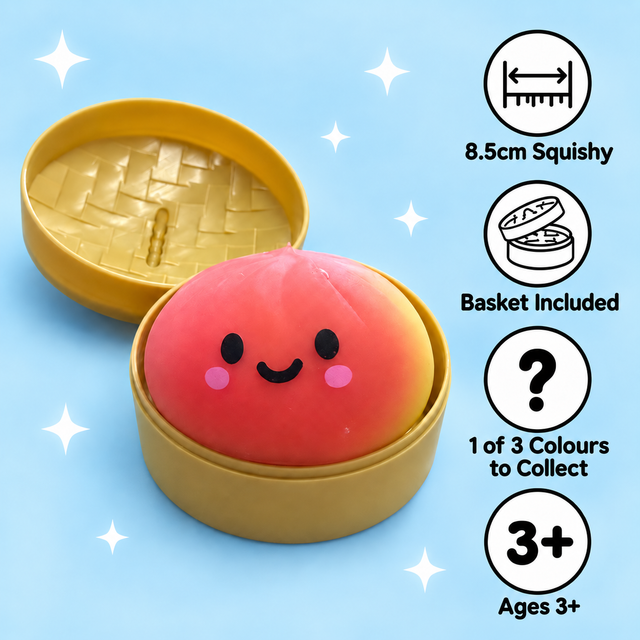 Rainbow Dumpling squishy features, basket and age guide