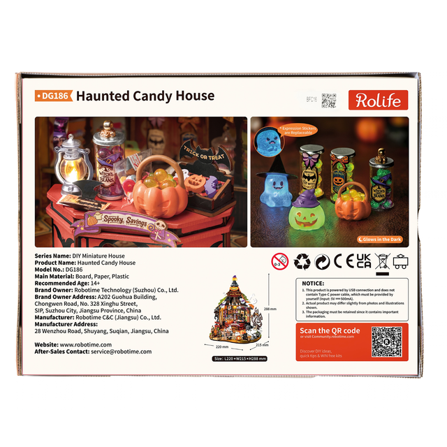 Back of the Rolife Haunted Candy House DG186 box showing model details and close-up photographs