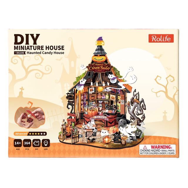 Front of the Robotime Rolife Haunted Candy House DG186 DIY miniature house kit box