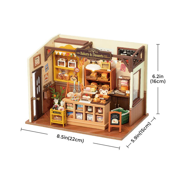 Rolife Becka’s Baking House DIY model with warm lighting creating cosy bakery atmosphere