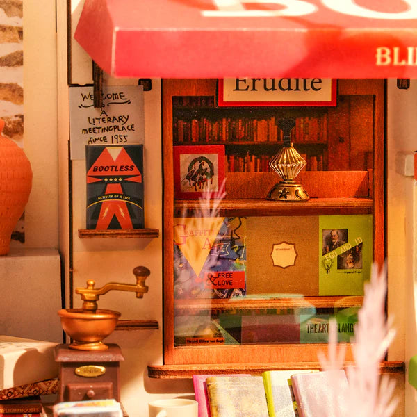 Robotime Rolife kits Corner Bookstore window display with books and antique decorations in miniature scene