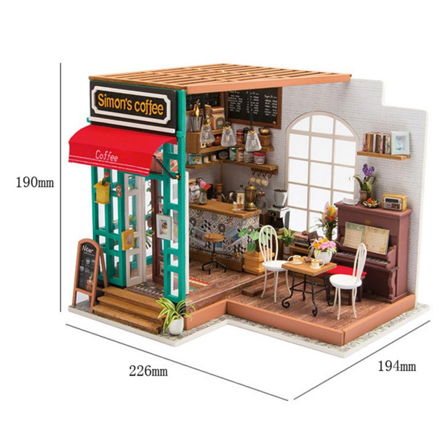 Robotime Rolife Simon's Coffee DIY miniature house kit DG109 dimensions