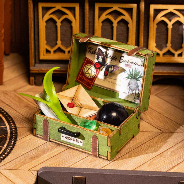 Rolife kits Magic Study case detail with crystal ball, letters and magical accessories