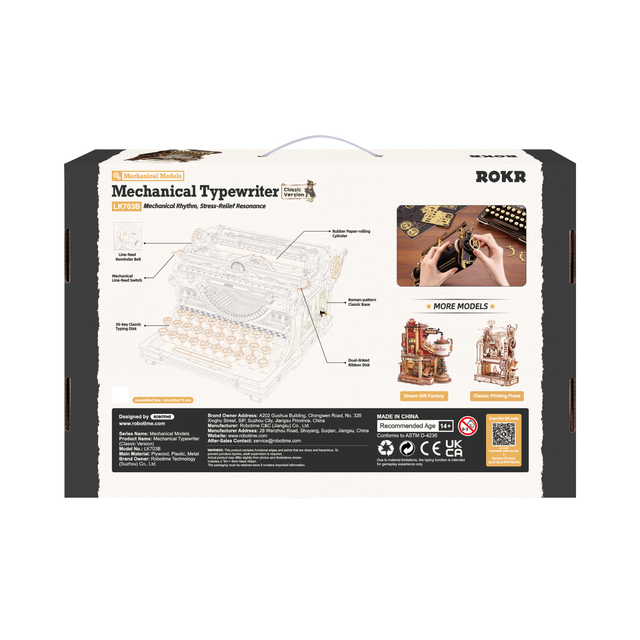 ROKR Classic Version wooden model kit recreating a vintage manual typewriter packaging