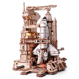 ROKR models Space Shuttle 3D wooden puzzle model on illuminated launch platform with detailed tower and rocket boosters