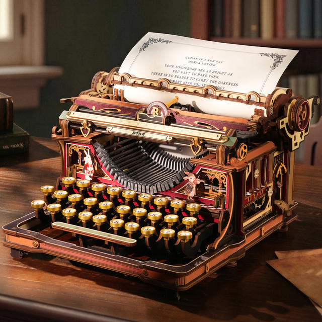 ROKR Magic Version 3D wooden typewriter puzzle displayed on a desk
