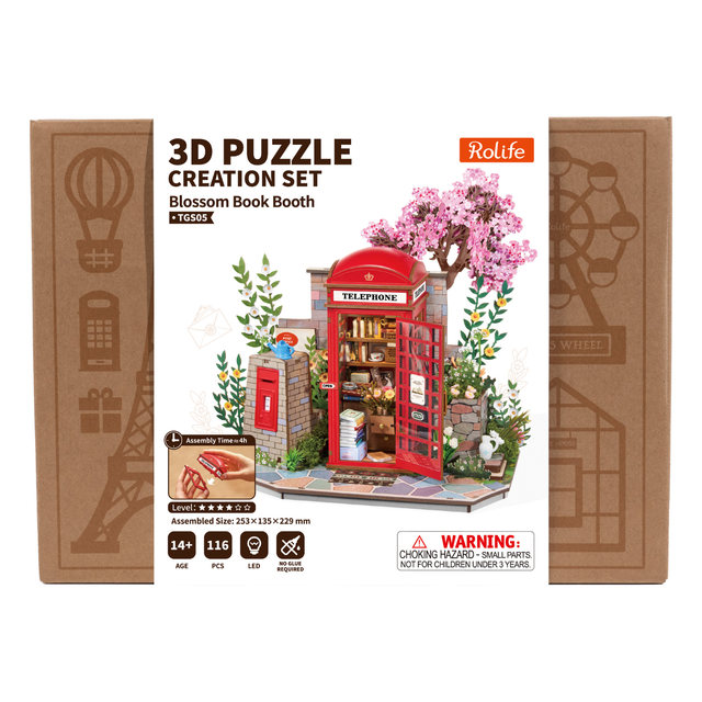 Rolife Blossom Book Booth 3D wooden puzzle DIY model kit TGS05 packaging