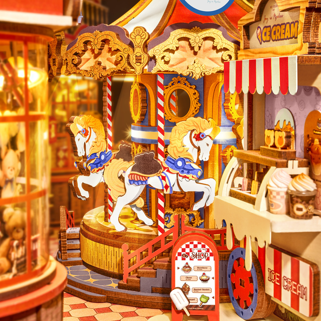 Rolife book nook amusement park with carousel and LED lighting