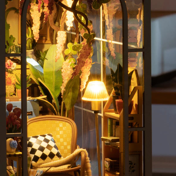 Garden house miniature book nook with flowers and lighting