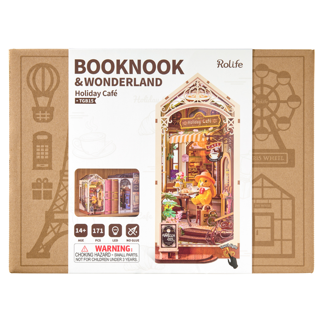 Rolife Holiday Café book nook DIY model kit TGB15 packaging