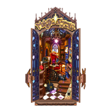 Rolife kit Magic Fantasy Corner DIY book nook shelf insert with gothic doors and illuminated wizard study scene by Robotime