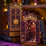 Rolife kits Magic Fantasy Corner book nook opened to reveal magical interior with staircase, potions and LED lighting 