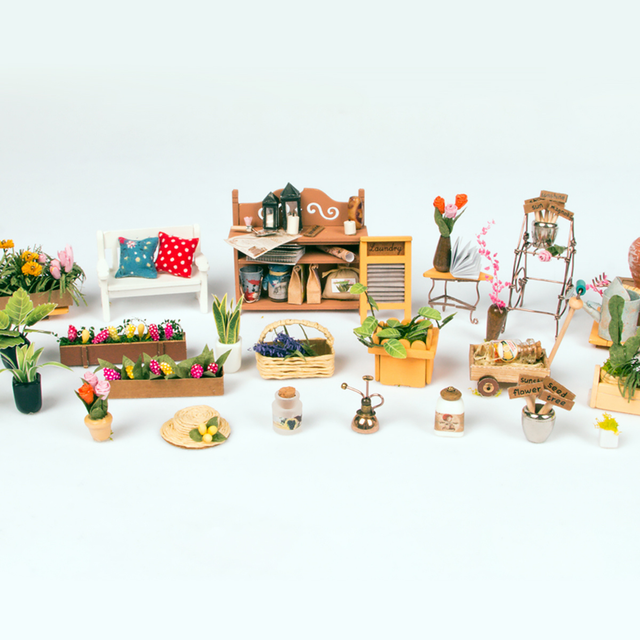 Rolife miniature garden house kit with flowers and furniture accessories